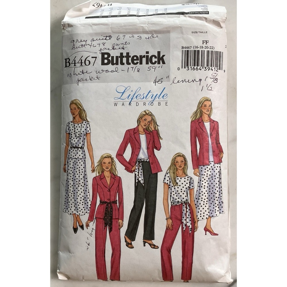 Butterick B4467 Women's Jacket Top Skirt Pants Pattern size 16-18-20-22 Cut Y2K
